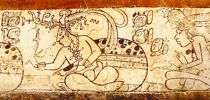 Maya maize god as a scribe, painted ceramic jar, 550–850 CE