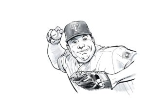 Ink drawing close-up of Bartolo Colon pitching a baseball. 
