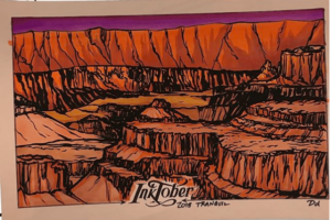 A dramatic ink drawing of a canyon in reds and oranges.