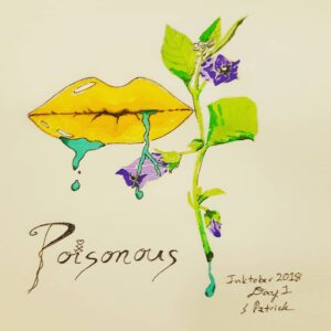 A set of yellow lips drips with green liquid next to deadly nightshade, purple flowers on a green stem