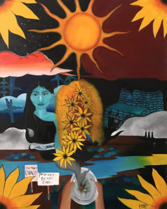 An acrylic painting of a girl with long black hair and blue skin with a dark red sky and big sun behind her and images of sunflowers, water, earth, and people holding signs about protecting water