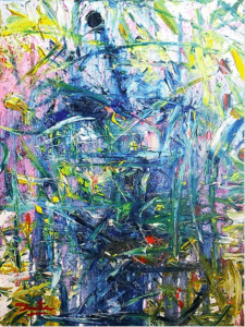 Abstract expressionist style painting with mainly blue, yellow, and green with some yellow and red. Strokes are chaotic slashes with few curves.