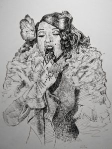 A burlesque woman with black curls wearing a fur boa and small hat with a large flower on the side is about to eat a piece of chicken she is holding up to her open mouth.