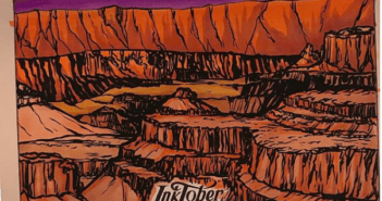 A dramatic ink drawing of a canyon in reds and oranges.